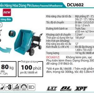 Makita DCU602Z XE VẬN CHUYỂN HÀNG HÓA DÙNG PIN(DẠNG THÙNG/TỰ ĐỘNG NGHIÊNG ĐỔ/BL)(18VX2) (chưa kèm pin sạc)