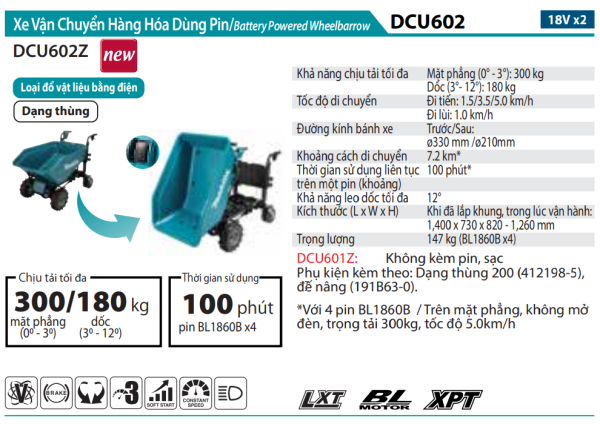 Makita DCU602Z XE VẬN CHUYỂN HÀNG HÓA DÙNG PIN(DẠNG THÙNG/TỰ ĐỘNG NGHIÊNG ĐỔ/BL)(18VX2) (chưa kèm pin sạc)