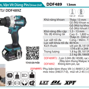 Makita DDF489RTJ MÁY KHOAN VÀ VẶN VÍT DÙNG PIN(BL)(18V)