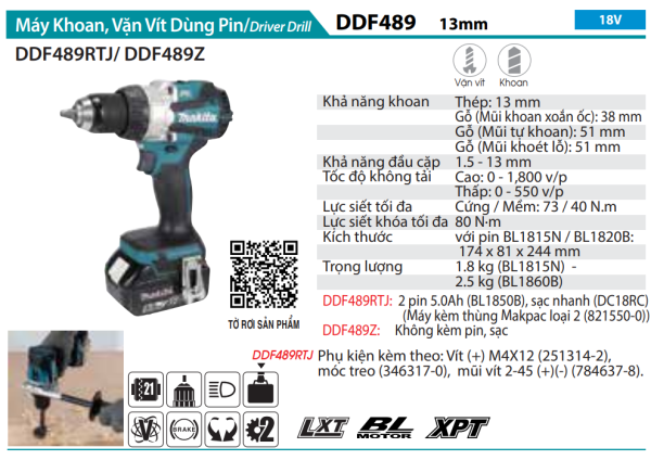 Makita DDF489RTJ MÁY KHOAN VÀ VẶN VÍT DÙNG PIN(BL)(18V)