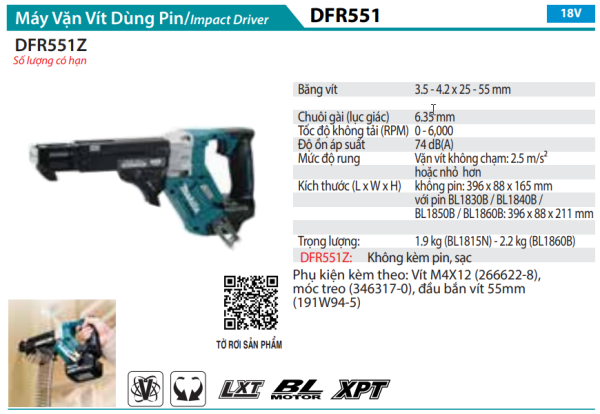 Makita DFR551Z MÁY VẶN VÍT CUỘN DÙNG PIN(18V) (không kèm pin sạc)