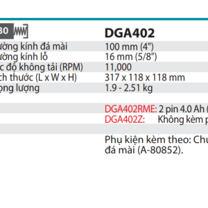 Makita DGA402RME MÁY MÀI GÓC DÙNG PIN(100MM/CÔNG TẮC TRƯỢT (kèm 02 pin 4.0Ah + sạc nhanh)