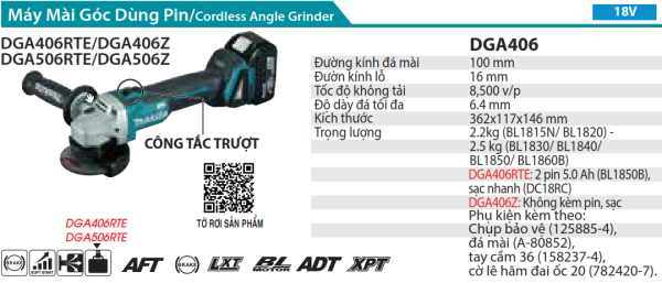 Makita DGA406RTE MÁY MÀI GÓC DÙNG PIN(100MM/CÔNG TẮC TRƯỢ (không kèm pin sạc)