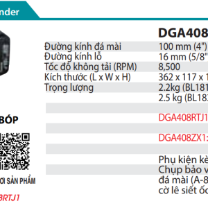 Makita DGA408RTJ1 MÁY MÀI GÓC DÙNG PIN(100MM/CÔNG TẮC BÓP/ (kèm 02 pin 5.0 + sạc nhanh)