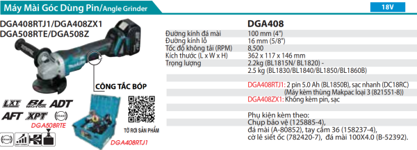 Makita DGA408RTJ1 MÁY MÀI GÓC DÙNG PIN(100MM/CÔNG TẮC BÓP/ (kèm 02 pin 5.0 + sạc nhanh)