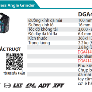 Makita DGA414RTE MÁY MÀI GÓC DÙNG PIN(100MM/CÔNG TẮC TRƯỢ (kèm 02 pin 5.0 + sạc nhanh)