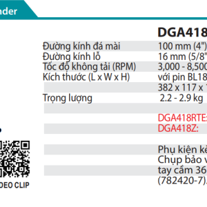 Makita DGA418RTE MÁY MÀI GÓC DÙNG PIN(100MM/CÔNG TẮC BÓP/ (kèm 02 pin 5.0 + sạc nhanh)