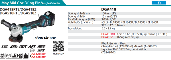 Makita DGA418Z MÁY MÀI GÓC DÙNG PIN(100MM/CÔN (không kèm pin sạc)