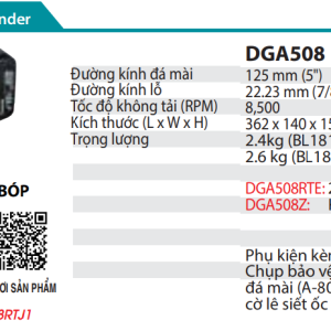 Makita DGA508RTE MÁY MÀI GÓC DÙNG PIN(125MM/CÔNG TẮC BÓP/ (kèm 02 pin 5.0 + sạc nhanh)