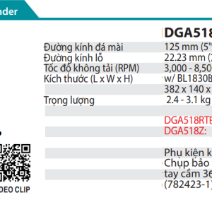 Makita DGA518RTE MÁY MÀI GÓC DÙNG PIN(125MM/CÔNG TẮC BÓP/ (kèm 02 pin 5.0 + sạc nhanh)