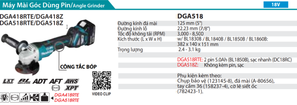 Makita DGA518RTE MÁY MÀI GÓC DÙNG PIN(125MM/CÔNG TẮC BÓP/ (kèm 02 pin 5.0 + sạc nhanh)