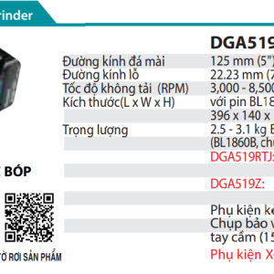 Makita DGA519RTJ MÁY MÀI GÓC DÙNG PIN(125MM/CÔNG TẮC BÓP/ (kèm 02 pin 5.0 + sạc nhanh)