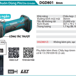 Makita DGD801Z MÁY MÀI KHUÔN DÙNG PIN(8MM)(18V) (không kèm pin sạc)