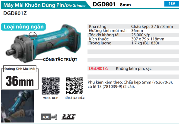 Makita DGD801Z MÁY MÀI KHUÔN DÙNG PIN(8MM)(18V) (không kèm pin sạc)