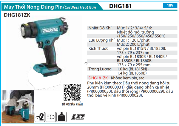 Makita DHG181ZK MÁY THỔI NÓNG DÙNG PIN(～550℃)(18V) (không kèm pin sạc)