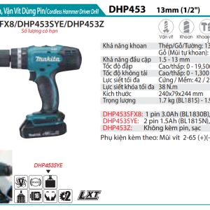 Makita DHP453SYE MÁY KHOAN BÚA, VẶN VÍT DÙNG PIN(18V) (kèm 02 pin 1.5 + sạc) (Hết hàng)