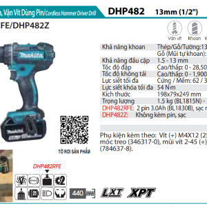 Makita DHP482RAE MÁY KHOAN BÚA, VẶN VÍT DÙNG PIN(18V) (kèm 02 pin 2.0 + sạc)