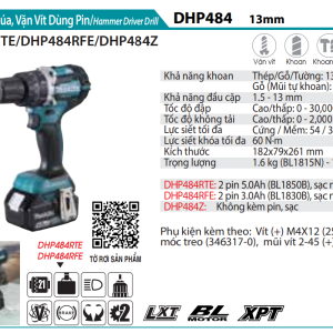 Makita DHP484RFE MÁY KHOAN BÚA, VẶN VÍT DÙNG PIN(BL)(18V) (kèm 02 pin 3.0 + sạc nhanh)