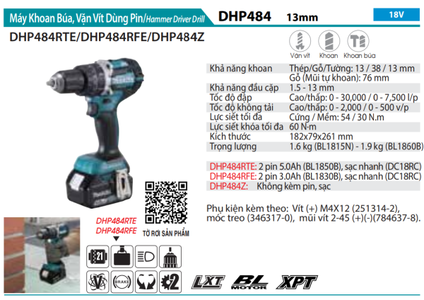 Makita DHP484RFE MÁY KHOAN BÚA, VẶN VÍT DÙNG PIN(BL)(18V) (kèm 02 pin 3.0 + sạc nhanh)