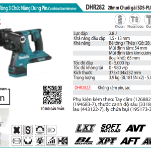 Makita DHR282Z MÁY KHOAN BÊ TÔNG 3 CHỨC NĂNG DÙNG PIN (không kèm pin sạc)