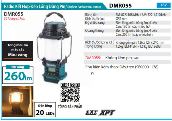 Makita DMR055 RADIO KẾT HỢP ĐÈN LỒNG DÙNG PIN(18V/14.4V)