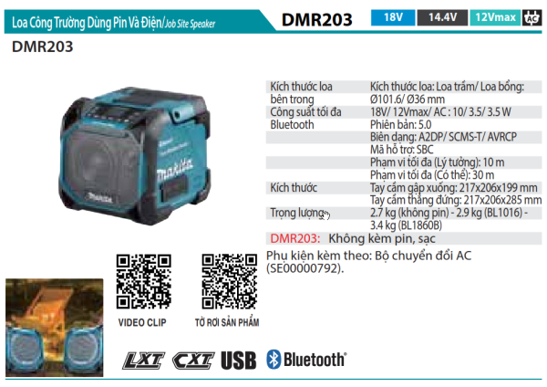 Makita DMR203 LOA SỬ DỤNG Ở CÔNG TRƯỜNG DÙNG PIN VÀ ĐI (Chưa kèm pin sạc)