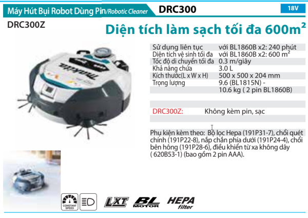 Makita DRC300Z MÁY HÚT BỤI ROBOT DÙNG PIN(BL)(18V)