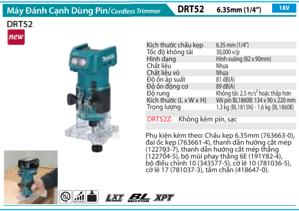 Makita DRT52Z MÁY ĐÁNH CẠNH DÙNG PIN (6.35MM/1/4″, 9.5MM/3/8″/BL)(18V)