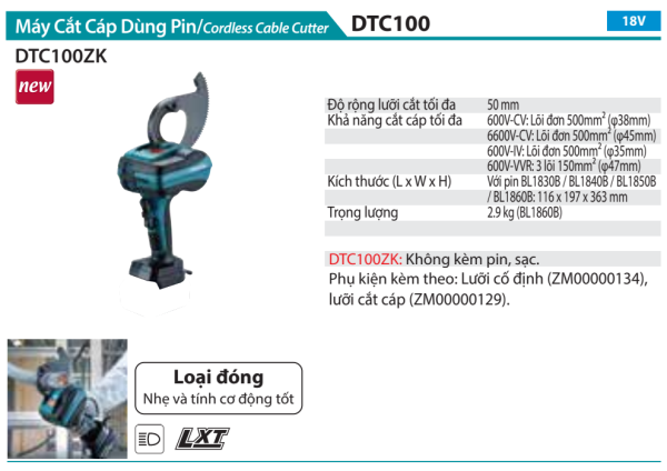 Makita DTC100ZK MÁY CẮT CÁP DÙNG PIN(LƯỠI CẮT DẠNG KÍN)(BL)(18V) (chưa kèm pin sạc)