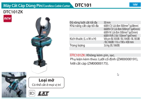 Makita DTC101ZK MÁY CẮT CÁP DÙNG PIN(LƯỠI CẮT DẠNG MỞ)(BL)(18V) (chưa kèm pin sạc)