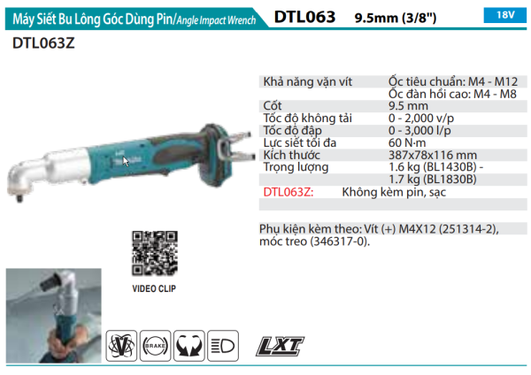 Makita DTL063Z MÁY SIẾT BU LÔNG GÓC DÙNG PIN(18V) (không kèm pin sạc)