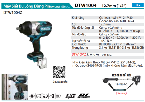 Makita DTW1004Z MÁY SIẾT BU LÔNG DÙNG PIN(12.7MM/BL)(18V) (chưa kèm pin sạc)