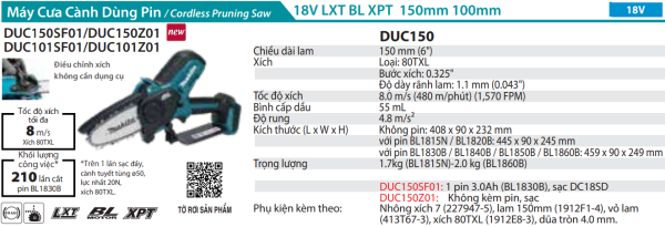 Makita DUC150Z01 MÁY CƯA CÀNH DÙNG PIN(150MM/BL)(18V)