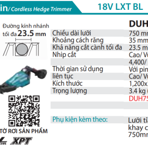 Makita DUH754SRT MÁY TỈA HÀNG RÀO DÙNG PIN(750MM/BL)(18V) (kèm 01 pin 5.0 + sạc nhanh)