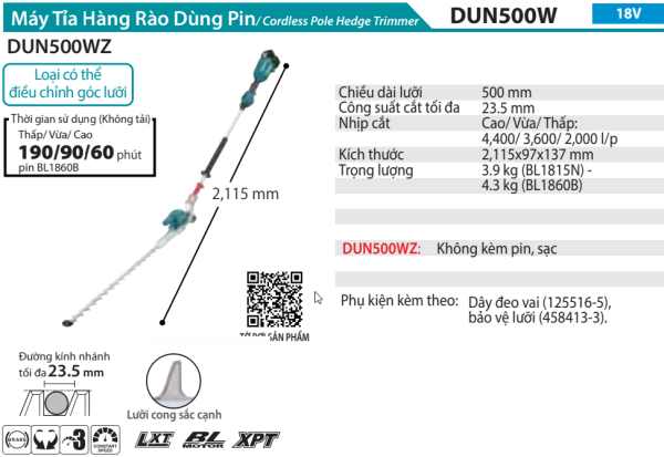 Makita DUN500WZ MÁY TỈA HÀNG RÀO DÙNG PIN(500MM/BL)(18V) (không kèm pin sạc)