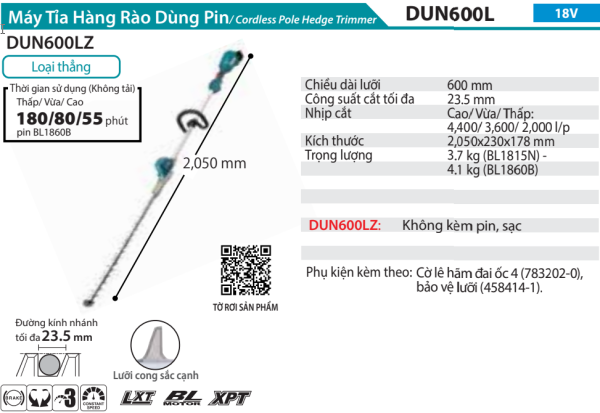 Makita DUN600LZ MÁY TỈA HÀNG RÀO DÙNG PIN(600MM/BL)(18V) (không kèm pin sạc)