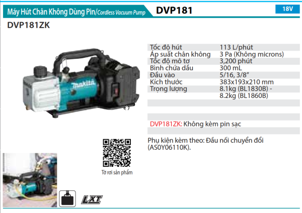 Makita DVP181ZK MÁY HÚT CHÂN KHÔNG DÙNG PIN(18V) (không kèm pin sạc)