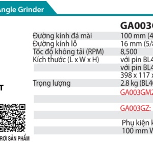 Makita GA003GM201 MÁY MÀI GÓC DÙNG PIN(100MM/CÔNG TẮC TRƯỢ (kèm 02 pin 4.0Ah + sạc nhanh)