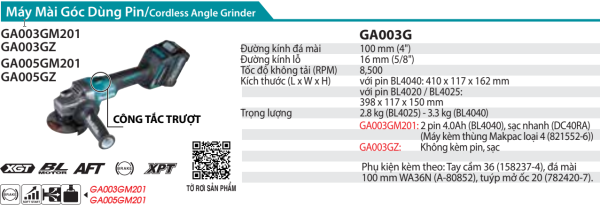 Makita GA003GZ MÁY MÀI GÓC DÙNG PIN(100MM/CÔNG TẮC TRƯỢ (không kèm pin sạc)