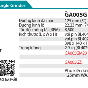 Makita GA005GM201 MÁY MÀI GÓC DÙNG PIN(125MM/CÔNG TẮC TRƯỢ (kèm 02 pin 4.0Ah + sạc nhanh)