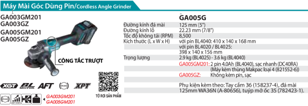 Makita GA005GM201 MÁY MÀI GÓC DÙNG PIN(125MM/CÔNG TẮC TRƯỢ (kèm 02 pin 4.0Ah + sạc nhanh)