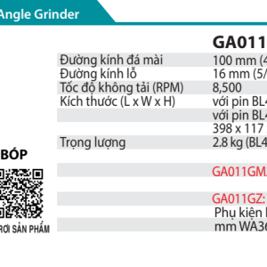 Makita GA011GM201 MÁY MÀI GÓC DÙNG PIN(100MM/CÔNG TẮC BÓP/ (kèm 02 pin 4.0Ah + sạc nhanh)