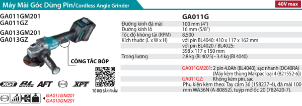 Makita GA011GZ MÁY MÀI GÓC DÙNG PIN(100MM/CÔNG TẮC BÓP/ (không kèm pin sạc)