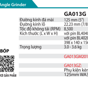 Makita GA013GM201 MÁY MÀI GÓC DÙNG PIN(125MM/CÔNG TẮC BÓP/ (kèm 02 pin 4.0Ah + sạc nhanh)