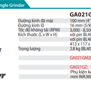 Makita GA021GM201 MÁY MÀI GÓC DÙNG PIN(100MM/CÔNG TẮC TRƯỢ (kèm 02 pin 4.0Ah + sạc nhanh)