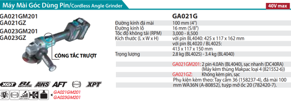 Makita GA021GZ MÁY MÀI GÓC DÙNG PIN(100MM/CÔNG TẮC TRƯỢ (không kèm pin sạc)