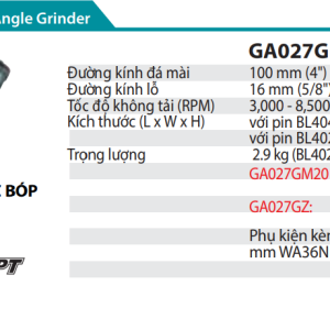 Makita GA027GM201 MÁY MÀI GÓC DÙNG PIN(100MM/CÔNG TẮC BÓP/ (kèm 02 pin 4.0Ah + sạc nhanh)