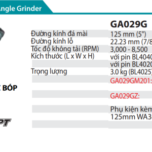 Makita GA029GM201 MÁY MÀI GÓC DÙNG PIN(125MM/CÔNG TẮC BÓP/ (kèm 02 pin 4.0Ah + sạc nhanh)