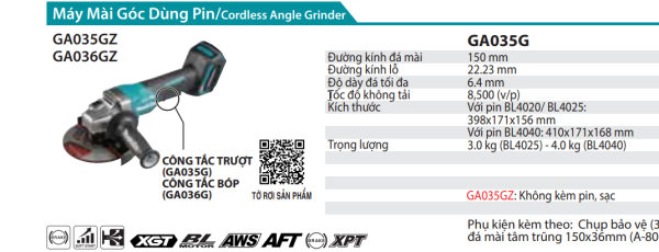 Makita GA035GZ MÁY MÀI GÓC DÙNG PIN(150MM/CÔNG TẮC TRƯỢ (không kèm pin sạc)