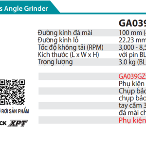 Makita GA039GZ MÁY MÀI GÓC DÙNG PIN(100MM/CÔNG TẮC TRƯỢ (không kèm pin sạc)